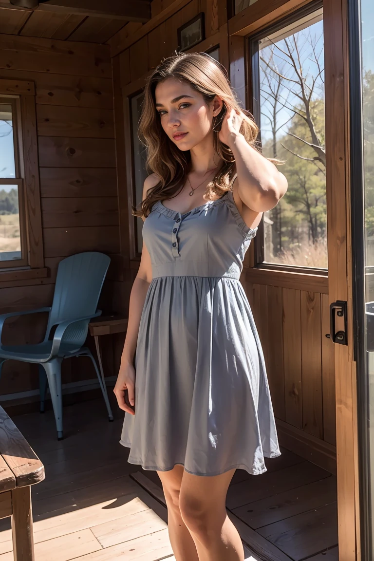 A beautiful woman with light gently filtering through her hair, her sundress is beautiful and she is standing in front of a cabin