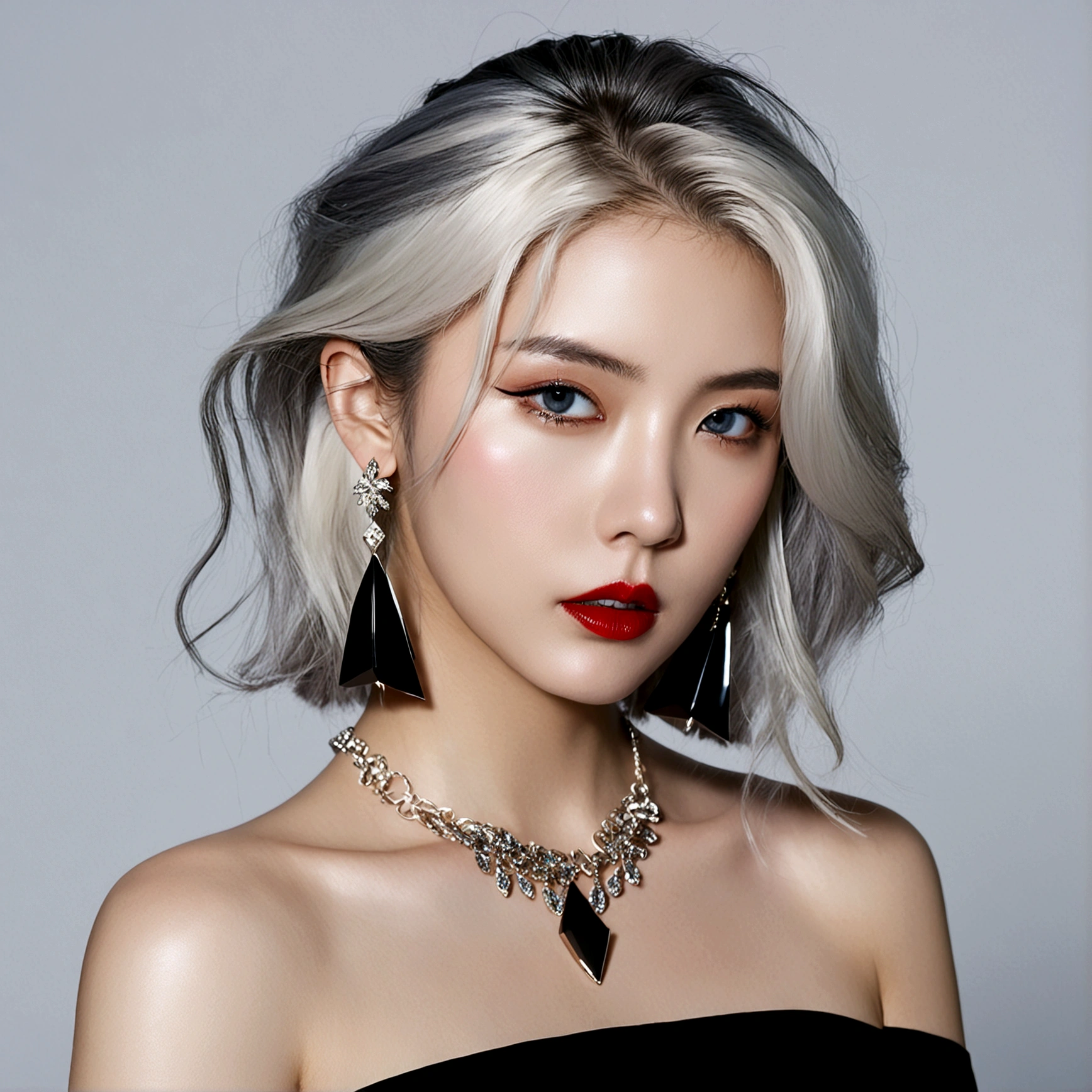 1girl, solo, looking at viewer, simple background, dress, bare shoulders, jewelry, upper body, white hair, earrings, looking back, necklace, off shoulder, grey eyes, black shirt, makeup, lipstick, black background, red lips