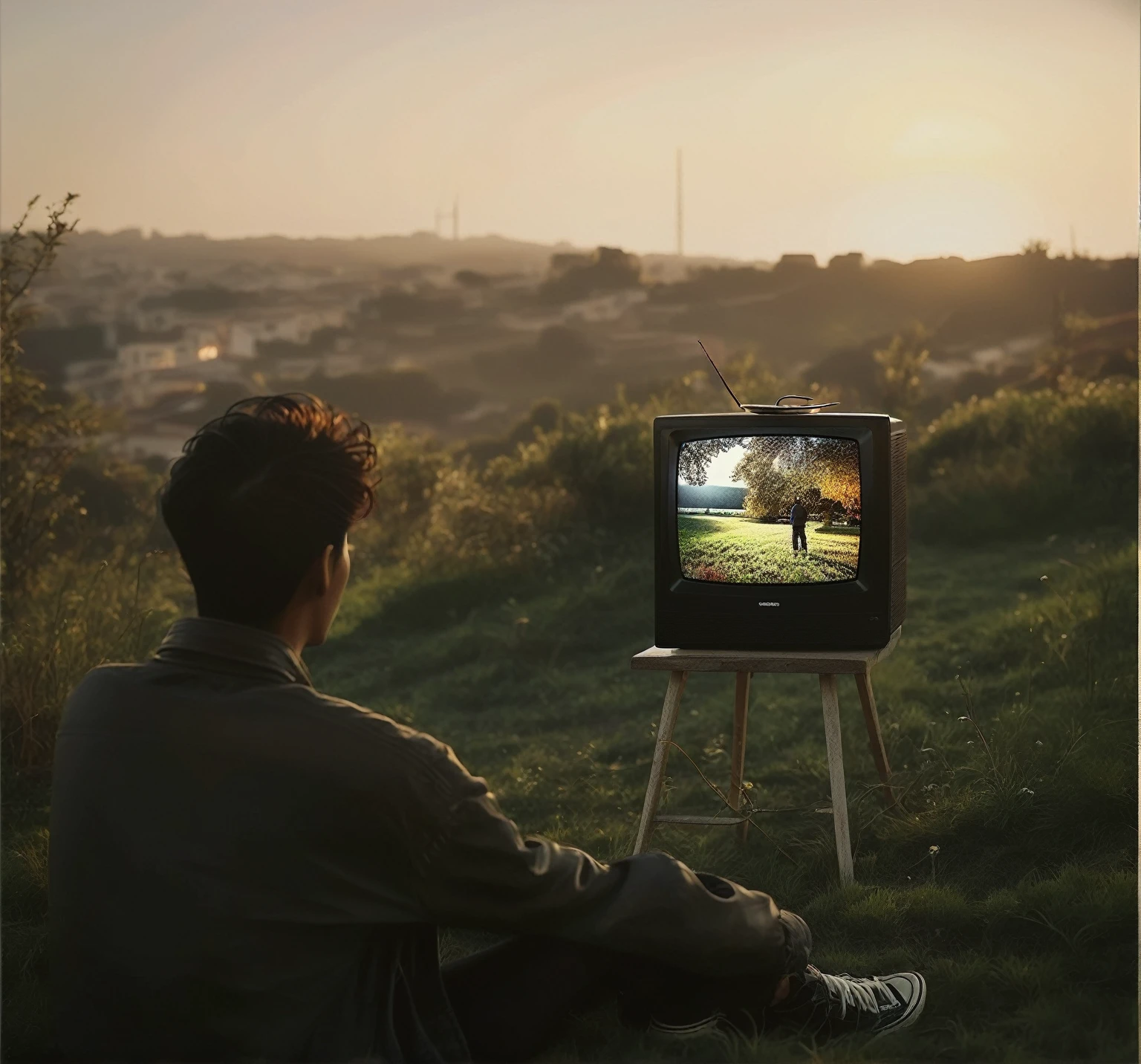 A person watching TV outdoors,Ultra high quality,Photography,Super Realism,masterpiece