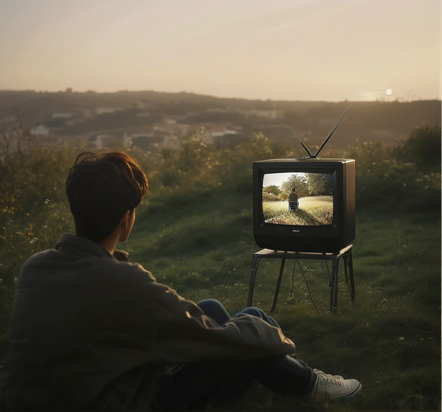A person watching TV outdoors,Ultra high quality,Photography,Super Realism,masterpiece