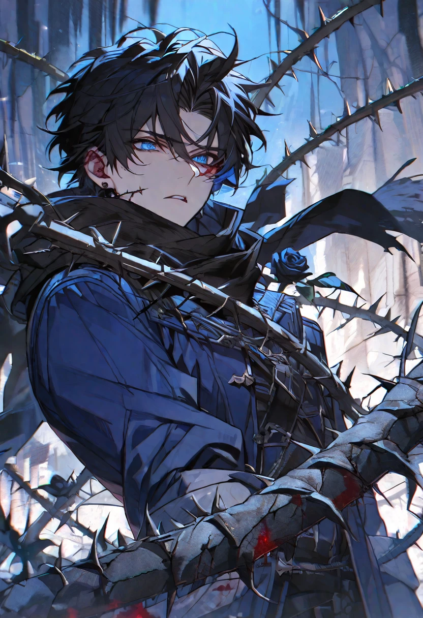 Solo, male, black hair, blue eyes, blue coat, black scarf, black roses, thorns, blood