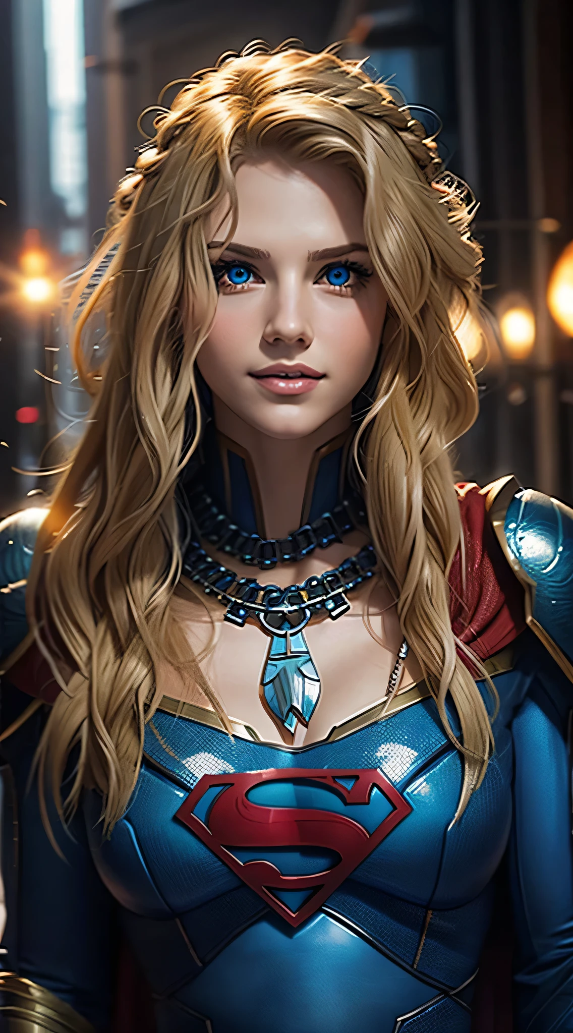 The character Supergirl, perfect costume, shiny blue eyes, extremely beautiful blond hair, beautiful smile , perfect anatomy and extremely beautiful face