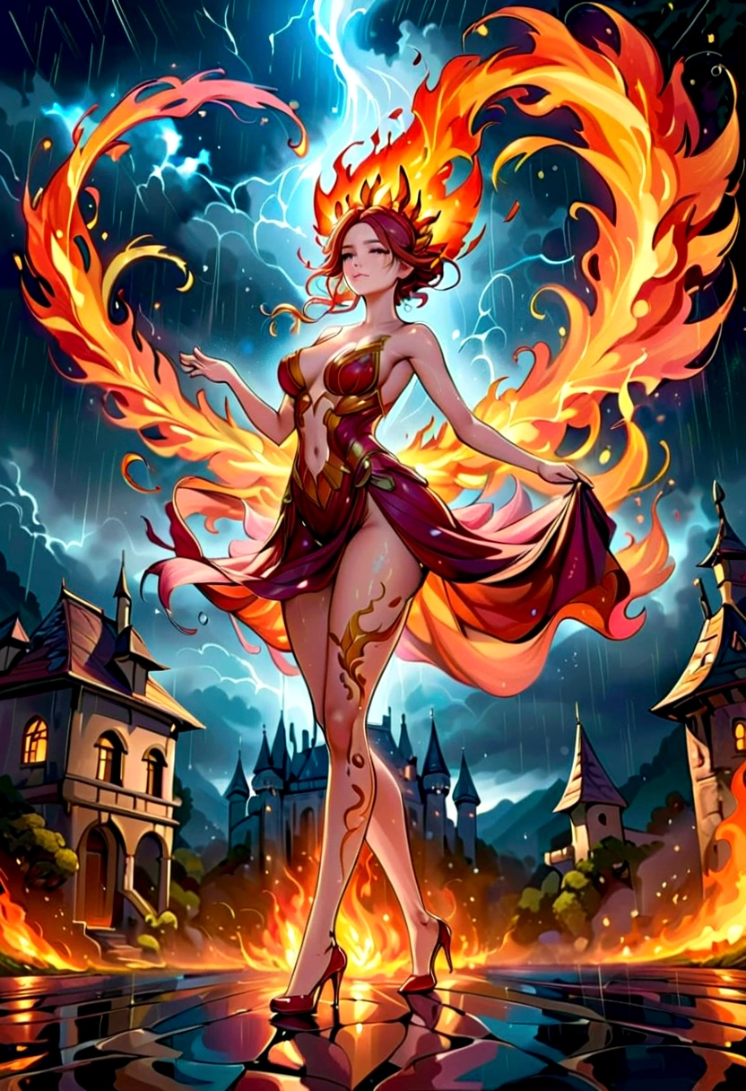 a sorceress of fire making fire dance in a the (storm of rain: 1.3), a most exquisite beautiful sorceress, controlling fire manipulating fire, a woman, dynamic hair color, dynamic hair style, (most beautiful face: 1.3), (ultra detailed face: 1.2), wet hair, wet face, dynamic eyes color, full body shot, wearing dress made of fire, wearing intricate high heels, light make up, dancing in courtyard of a fantasy castle, ((heavy rain drops: 1.1)), clouds in the sky, (anatomically correct: 1.4), (full body shot: 1.1) , vibrant, Ultra-high resolution, High Contrast, (masterpiece:1.5), highest quality, Best aesthetics), best details, best quality, highres, ultra wide angle, 16k, [ultra detailed], masterpiece, best quality, (extremely detailed), firecd_xl, phoenix dress, fireMagicAI