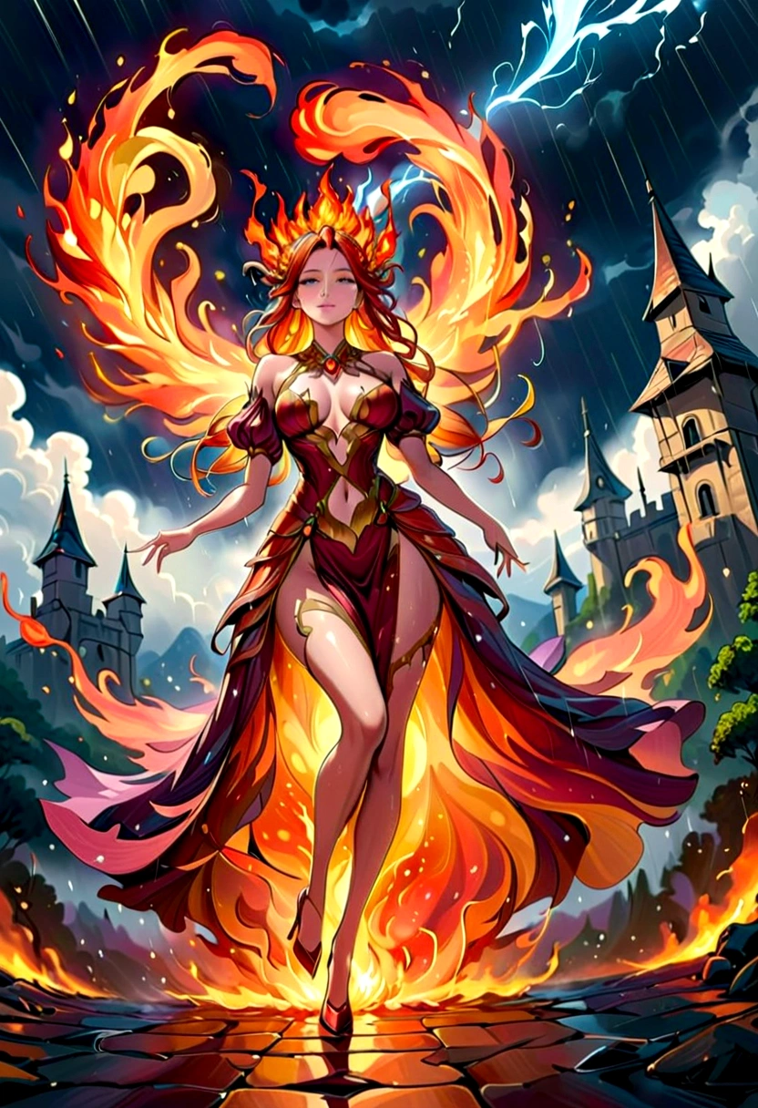 a sorceress of fire making fire dance in a the (storm of rain: 1.3), a most exquisite beautiful sorceress, controlling fire manipulating fire, a woman, dynamic hair color, dynamic hair style, (most beautiful face: 1.3), (ultra detailed face: 1.2), wet hair, wet face, dynamic eyes color, full body shot, wearing dress made of fire, wearing intricate high heels, light make up, dancing in courtyard of a fantasy castle, ((heavy rain drops: 1.1)), clouds in the sky, (anatomically correct: 1.4), (full body shot: 1.1) , vibrant, Ultra-high resolution, High Contrast, (masterpiece:1.5), highest quality, Best aesthetics), best details, best quality, highres, ultra wide angle, 16k, [ultra detailed], masterpiece, best quality, (extremely detailed), firecd_xl, phoenix dress, fireMagicAI