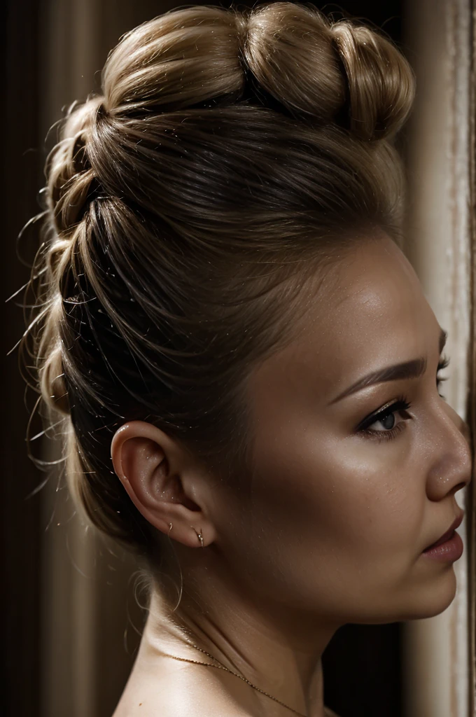 an eye contact of a blond with bun hair and dark theme