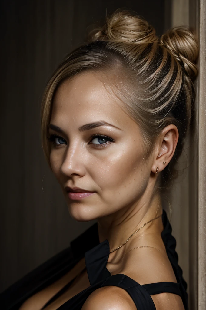 an eye contact of a blond with bun hair and dark theme