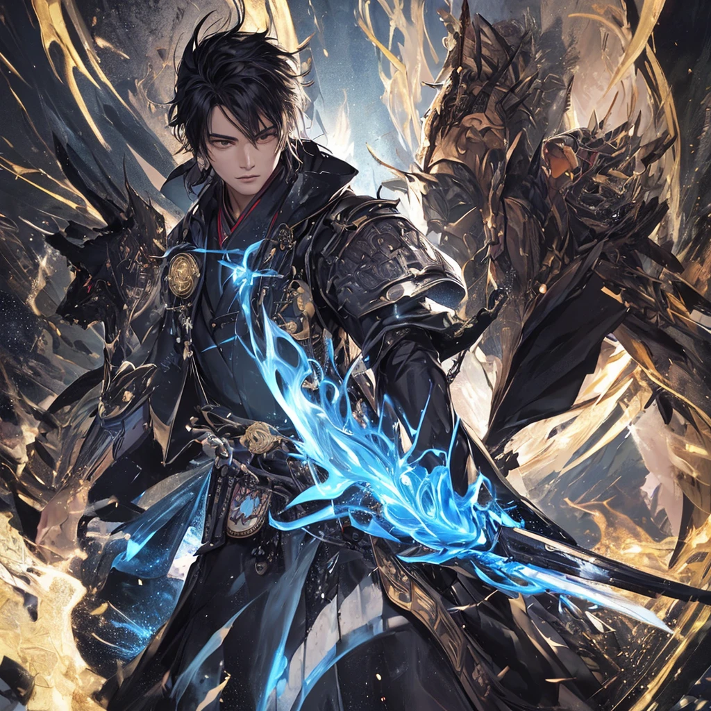 clearing, here is the description focused only on the character Gabriel:
Gabriel is standing, displaying a majestic and powerful presence. He wears an elegant black kimono, decorated with subtle details that combine samurai and ancient Chinese elements. His katana is a blade of vibrant blue energy, emitting a pulsating electric glow around you. Gabriel's wings are made of pure energy, similar to luminous feathers that radiate a soft, heavenly light. In your firm and determined stance, Gabriel personifies the combination of elegance and strength, standing out as a celestial being in his own right.