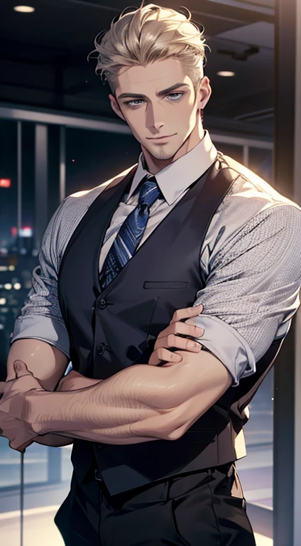 (best quality,4k,8k,highres,masterpiece:1.2),ultra-detailed,(realistic,photorealistic,photo-realistic:1.37),1 man,31 years old,mature man,very handsome,without expression,smile,short grey golden hair,blue eyes,penetrating gaze,perfect face without errors,imposing posture,businessman,office background,cinematic lighting,hdr image