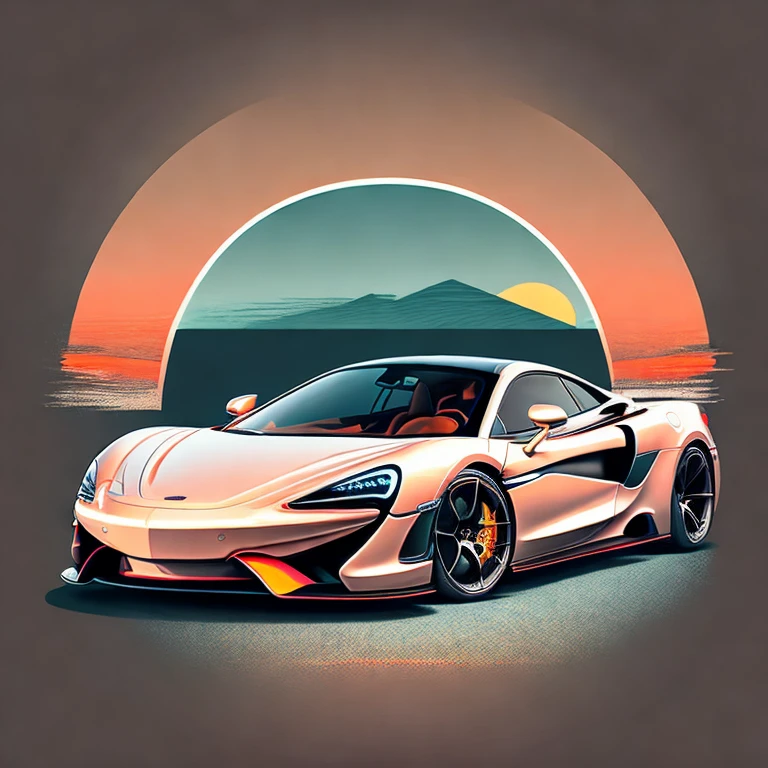 Art for t-shirt graphic design, a retro graphic design, McLAREN 570S GT4, two miami, soft four-color color, vintage pastel tone, highly detailed cleanliness, vector image, masterpiece realistic, professional photograpy, realistic car, simple car sunrise background, plain black background, isometric, vibrant vector