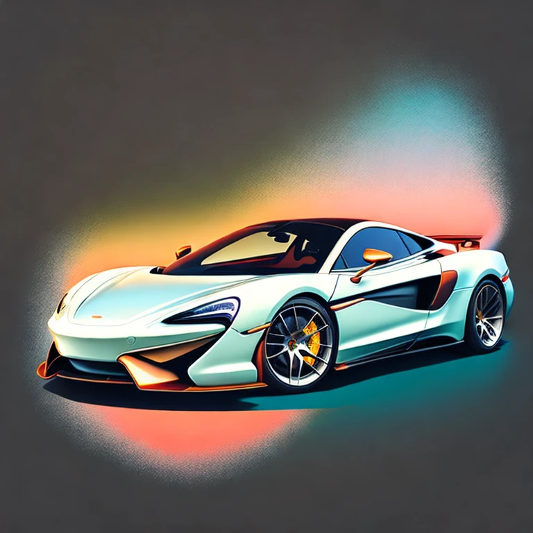 Art for t-shirt graphic design, a retro graphic design, McLAREN 570S GT4, two miami, soft four-color color, vintage pastel tone, highly detailed cleanliness, vector image, masterpiece realistic, professional photograpy, realistic car, simple car sunrise background, plain black background, isometric, vibrant vector