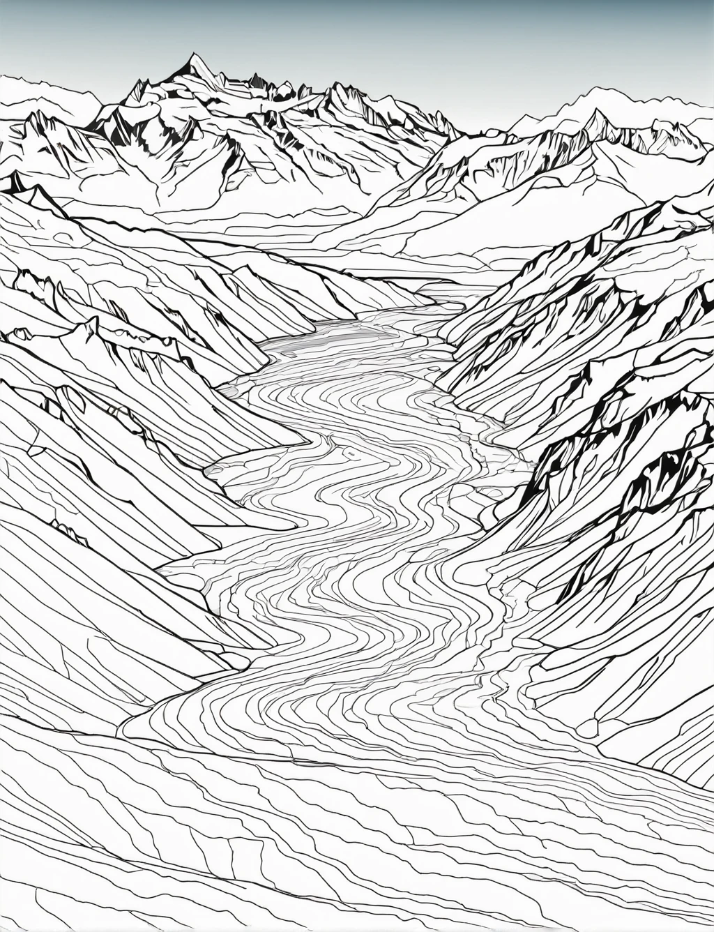 (Perito Moreno Glacier)), (black and white), (masterpiece), (coloring page), line art drawing, graphic, (simple line art), vector graphics, Clear and Distinct Lines, Varied Line Weights, Smooth curves, Bold outlines, Crisp shapes
