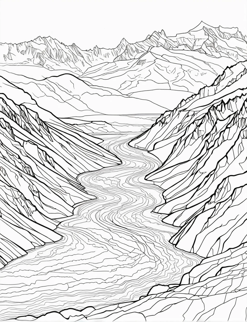 (Perito Moreno Glacier)), (black and white), (masterpiece), (coloring page), line art drawing, graphic, (simple line art), vector graphics, Clear and Distinct Lines, Varied Line Weights, Smooth curves, Bold outlines, Crisp shapes