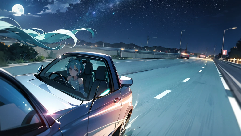 Hatsune Miku under the moonlight、A scene of driving on a quiet road