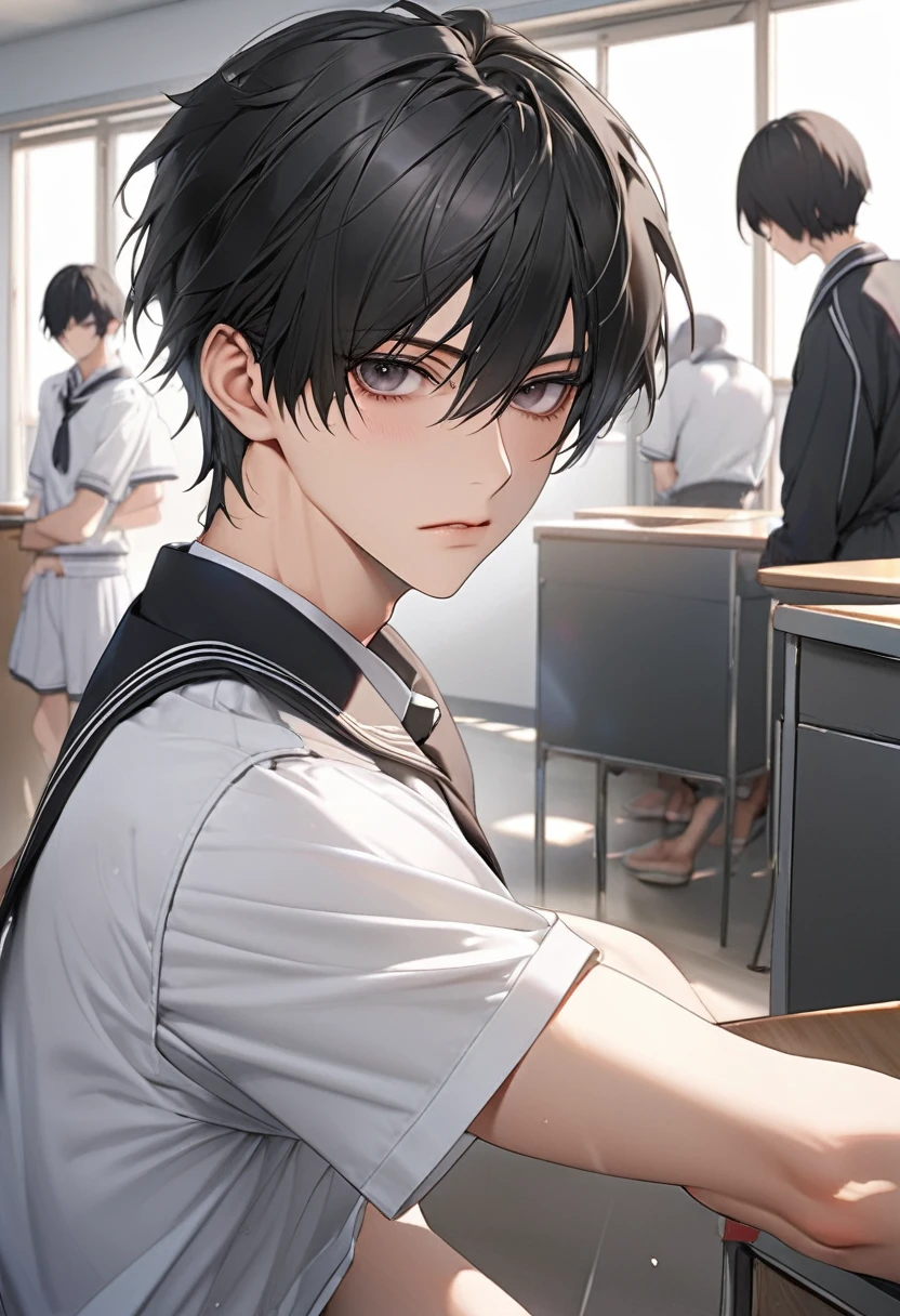 A highschool boy, handsome, perfect body, black hair, short hair, mullet, black eyes, upturned eyes, expressionless, black highschool uniform, anime, first-person view, masterpiece, anatomically correct, high details, highres, best quality, super detail, 1080P