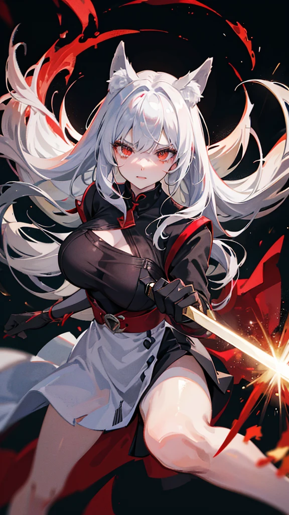 An adult woman half fox and wolf, wide breasts, red eyes, white hair, very angry, in a black little open dress, holding a sword