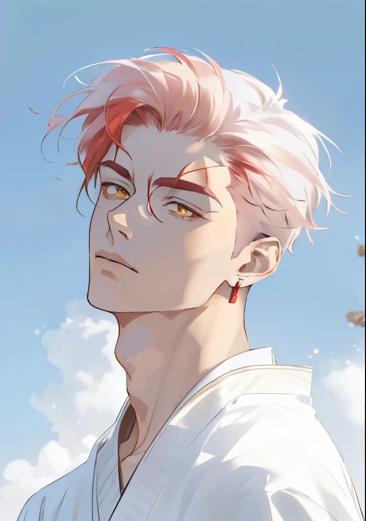 Male Demon Slayer character, with short red hair, yellow eyes, with black and red haori, And with earrings