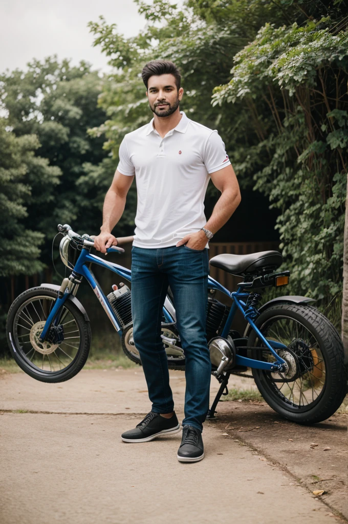 A men standing inside the bike to pose the photoshoot 
