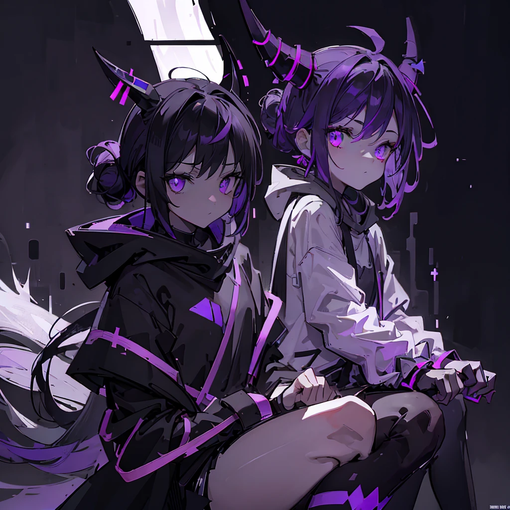 boy, thoughtful look, open forehead, black and purple hair braided into a ponytail on the left side in a bun. small curly black horns wrapped in white ribbon, pale violet eyes, short dark purple shorts. Long white t-shirt. dark purple knee socks. dark purple hooded robe, pattern of gold circles. dark corridor with stairs, rays of light fall from above
