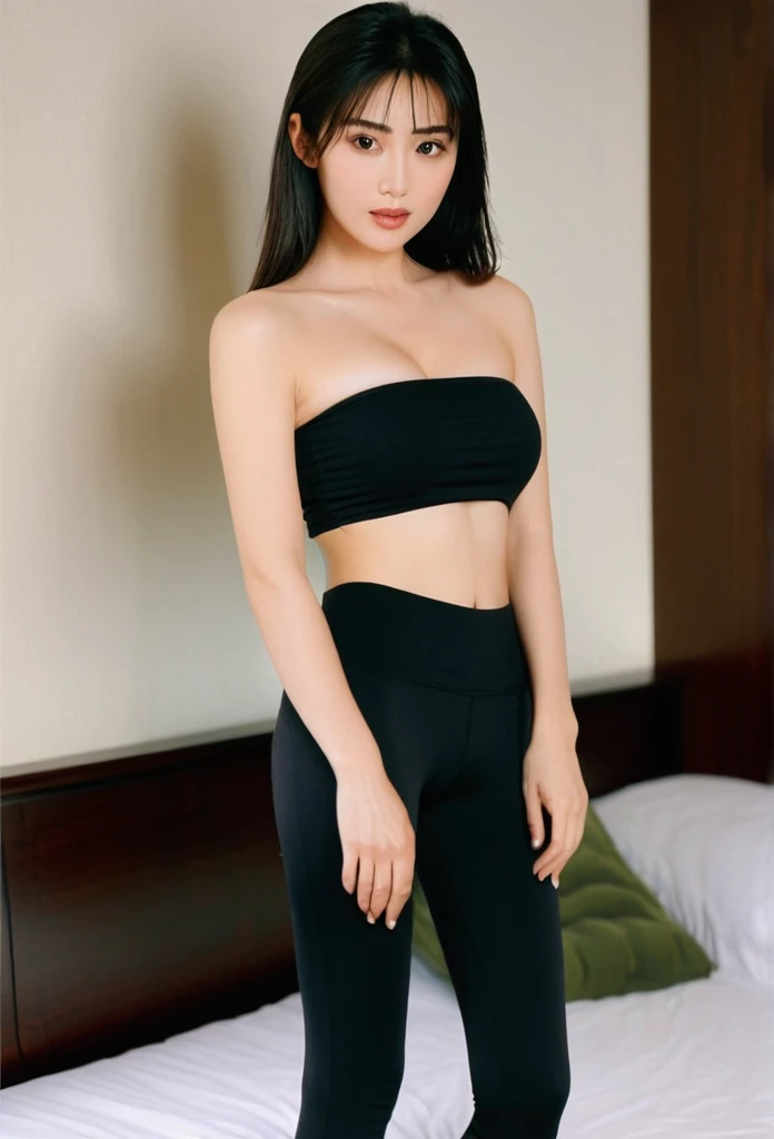 close-up of beautiful Chinese-Hongkong, Teresa Mak is a Chinese-Hongkong actress and model, Shan is a female character Street of Fury 1996 Chinese-Hongkong action movie, age 21 years old girl, youthful face, white skin body, perfect body, very rapunzel long hair, standard black hair, straight hair, bust size 34 inches, wearing a tight plain standard dark black bandeau tube top, wearing a tight plain standard dark black mini short leggings, Shan holding breasts with her own two hands is very sexy and sigh, Shan squeezes the breasts very seductively, Shan’s clothes were cut off by boyfriend using scissors from the tank top to the tube top to make Shan sigh and tease, strand by strand Shan’s clothes fell because they had been cut, the rest of Shan’s clothes were scattered at the bottom because they had been cut, Shan’s clothes showed off her breasts because they were cut off by male soldiers so that they looked more sexy and seductive, Then Shan's leggings are also cut by her boyfriend using scissors from long to short to make Shan sigh and tease, strand by strand of Shan's leggings fall down because they have been cut, the remaining clothes of Shan's leggings are scattered at the bottom because they have been cut, sexy looking pose, pose a naughty look, pose looks seductive, at a boyfriend bedroom, boyfriend bedroom background, UHD