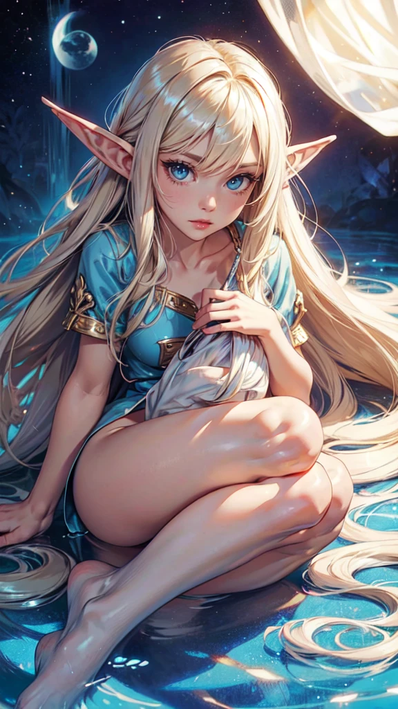 Unbeatable beauty, Skin is firm and shiny, bangs between eyes, Shiny straight beautiful platinum blonde, Silky extra long straight hair, Eyeliner, Sexy beautiful innocent 14 year old, HD big big beautiful bright blue eyes, beautiful cute girl, baby face, short sleeve,etailed face, detailed eyes, detailed hands,elf girl, full body
