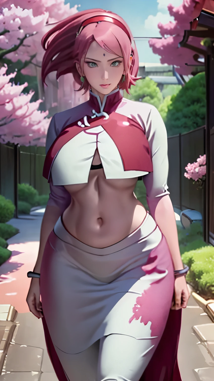 Curve, Realistic, Photorealistic,cowboy shot,masterpiece, absurdres, (colorful), 1girl, haruno sakura, forehead mark, red hairband, navel, groin, bracelet, looking at viewer, cherry blossoms, private garden, wind, floating hair, large breast, (((wide hips))), toned body, detailed eyes, dynamic pose, full body