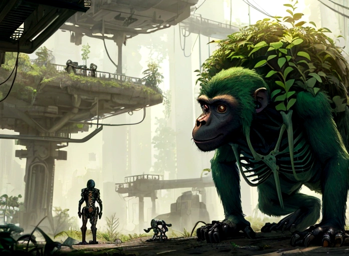 scene from a dystopian future that shows a monkey observing a human skeleton on the ground, verdant exoplanet