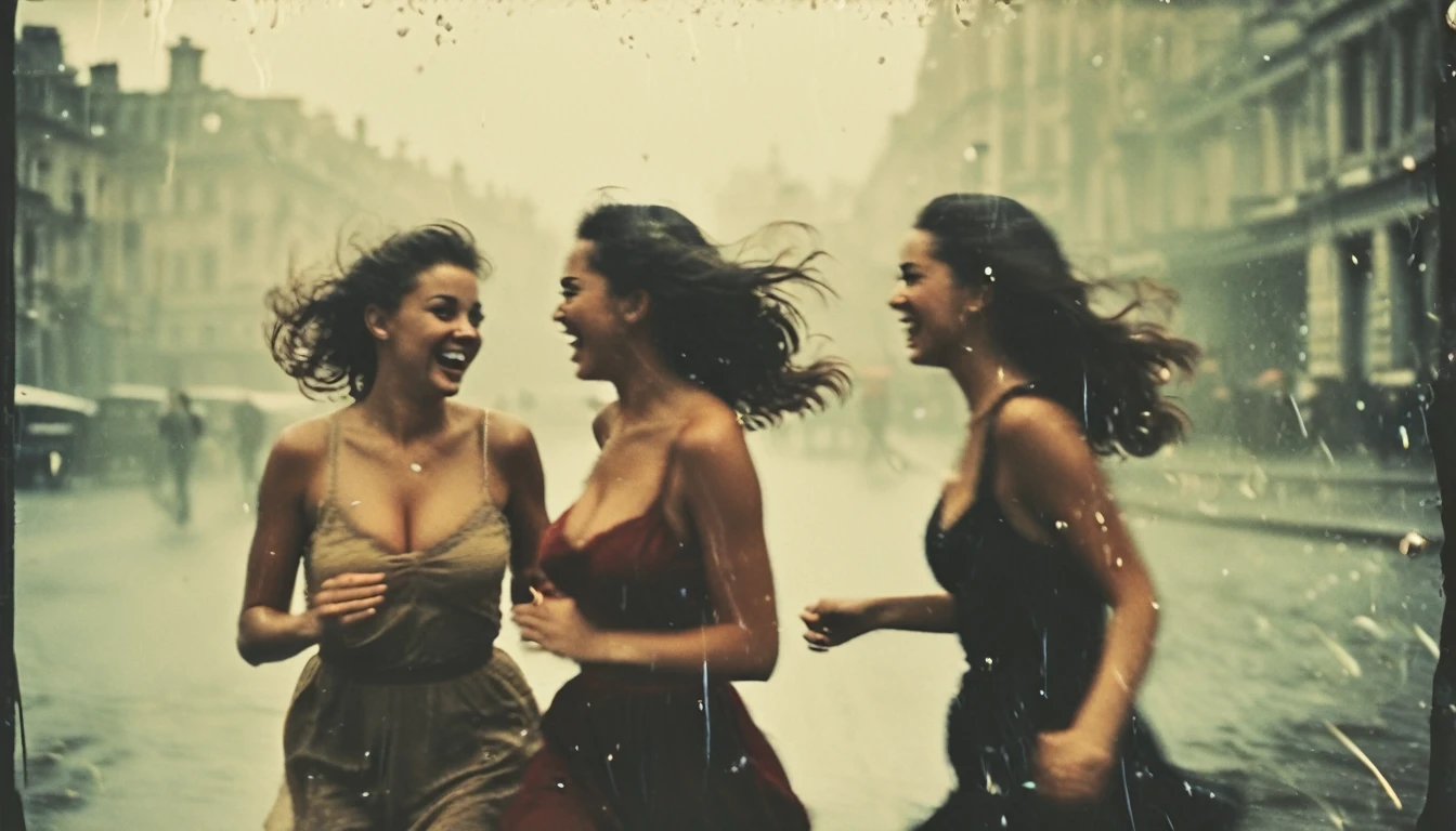 35mm vintage street photo of a three beautiful cute young lady running , hand covering her breast, huge breast, bouncing breast, laughing , playful , raining, bokeh, professional