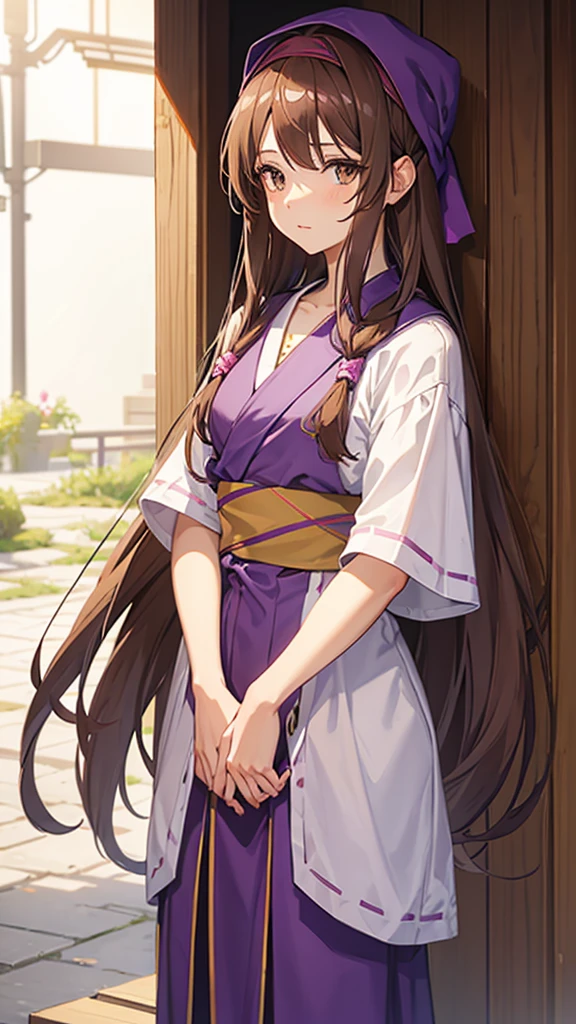 An anime girl in a lavender Clan outfit, with long, loose brown hair and brown eyes and a bandana on her forehead