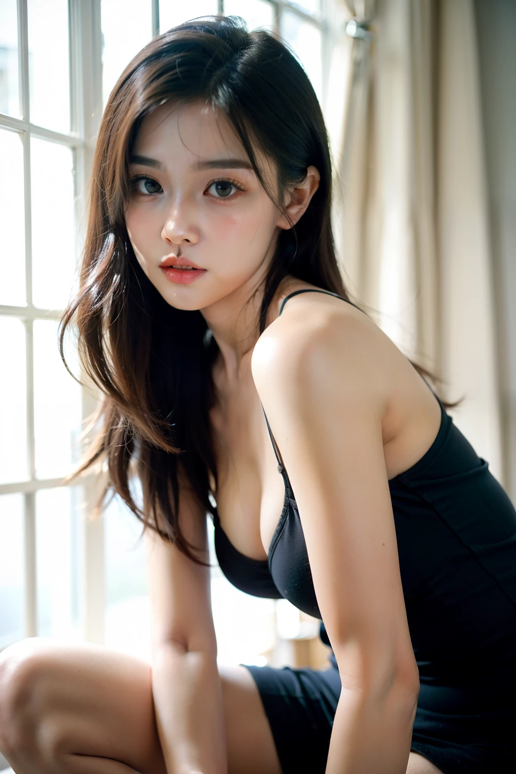A girl 18 hourglass baby hot and sexy har face oval, eyes big blue color, sharp jawline