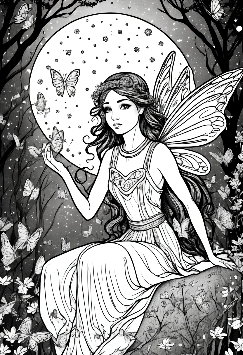 (A black and white coloring book:1.5), A magical fairy surrounded by glowing fireflies in a moonlit forest, clean line art, white background, colouring page, clean outline