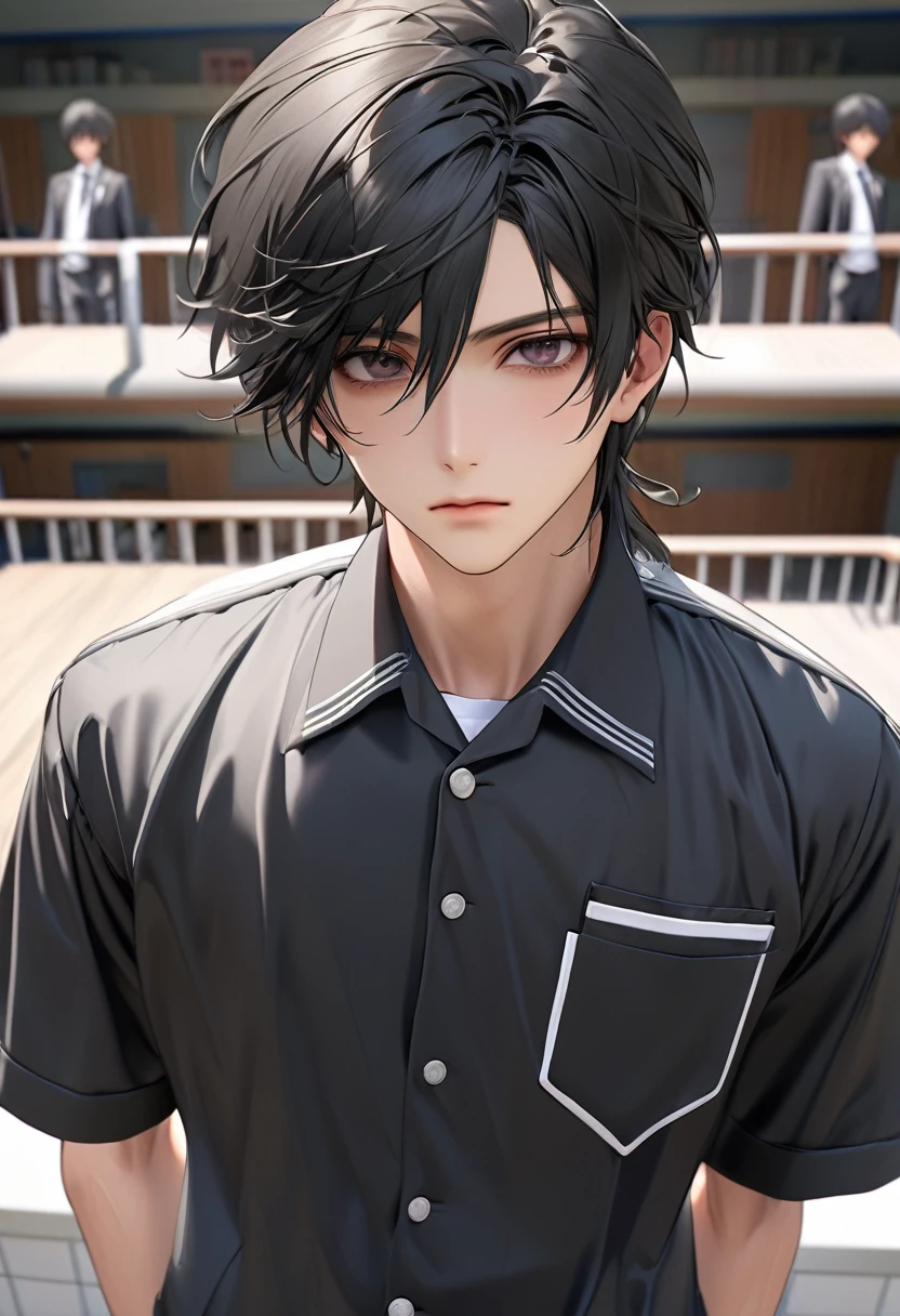 A highschool boy, handsome, perfect body, black hair, short hair, mullet, black eyes, upturned eyes, expressionless, black highschool uniform, anime, first-person view, masterpiece, anatomically correct, high details, highres, best quality, super detail, 1080P