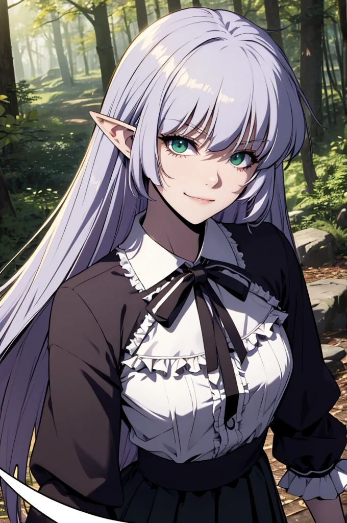 alice vampire purple hair, long hair, green eyes, pointy ears, small breasts white shirt, frills, neck ribbon, black skirt, little smile, magic, Mysterious forest on background 