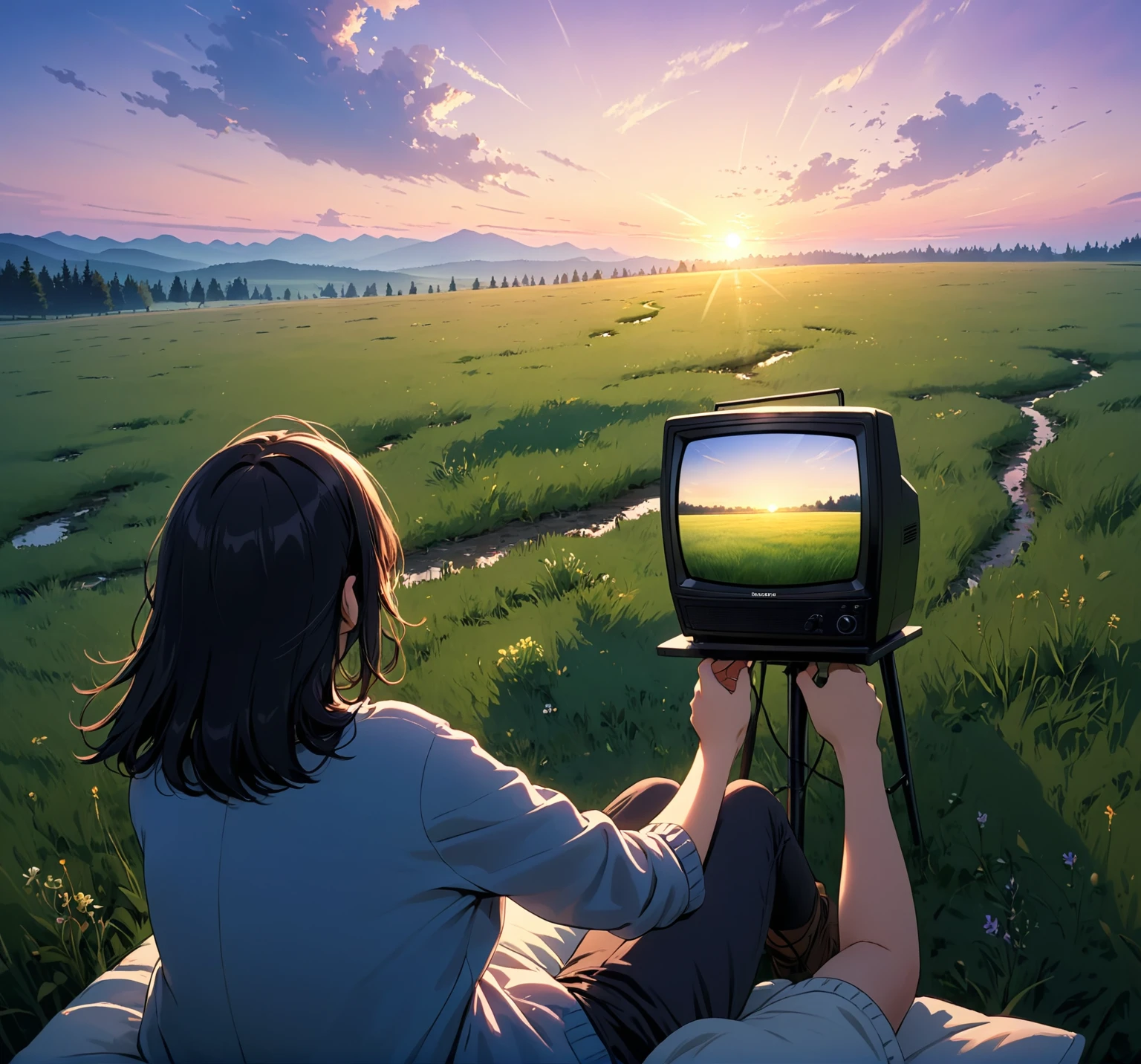 A person watching TV outdoors，Vast meadows，Soft light at dusk，Ultra high quality