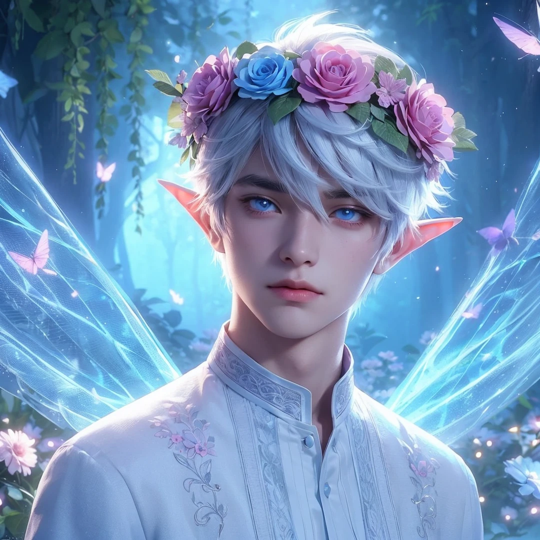 Handsome boy, white hair, blue eyes, wearing pink and light blue flower crown, wearing white barong tagalog, elf ear, "surrounded by light blue, pink, and purple light, magic forest background