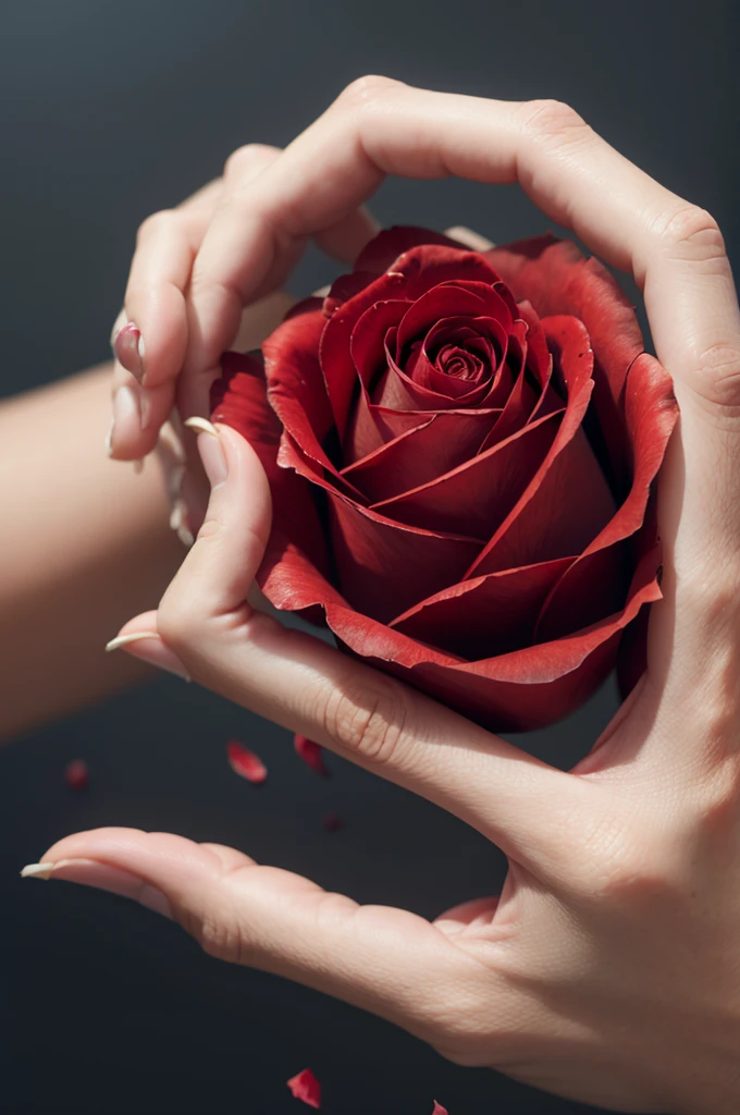 Rose disintegrating on top of a hand 