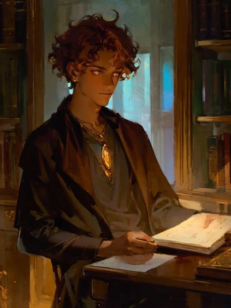 (masterpiece, best quality, high quality, highres:1.2), modern upper body, shoulders, ((male)), adult man, 27yo, tan skin, short messy hair, ((light hair)), messy hair, (curly hair), gold eyes, glowing eyes, hair over forehead, necklace, t-shirt, portrait, lost gaze, library background, (dark background), front, dark clothes, dramatic lighting, face in shadow, warm tones, dark academia, loose shirt, earrings, interior background, magic particles, painterly illustration, Artstation, impressionism painting, realistic, 1boy, fortune teller, book on a table, looking at viewer, dark skin, mystical, magical, glow, glowing, dark magical lighting, moody, cinematic, sparkle, glittering, darkness