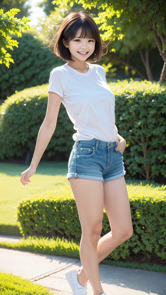 A  girl with short white shorts, standing in a relaxed pose. She has a cheerful expression, short hair, and is dressed in a casual summer outfit. She has thick thighs and slender legs. The background is a sunny outdoor setting with a clear blue sky and some greenery. The bright sunlight shines on her, creating clear shadows and highlights. The environment includes trees and grass, indicating a lot of greenery.ガニ股、しゃがむ、膝をこちらに向ける