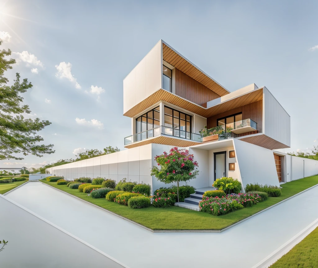 KTHOUSE PLATFORM, Romantic, 1 morden house with white walls, green glass railling, Beautiful light at mid noon:1.3,Many colorful flowers along the road:1.2, beautiful day, beautiful feeling of age Child: 1.2, noon sun, very beautiful shadow, oak cladding wall:1.2