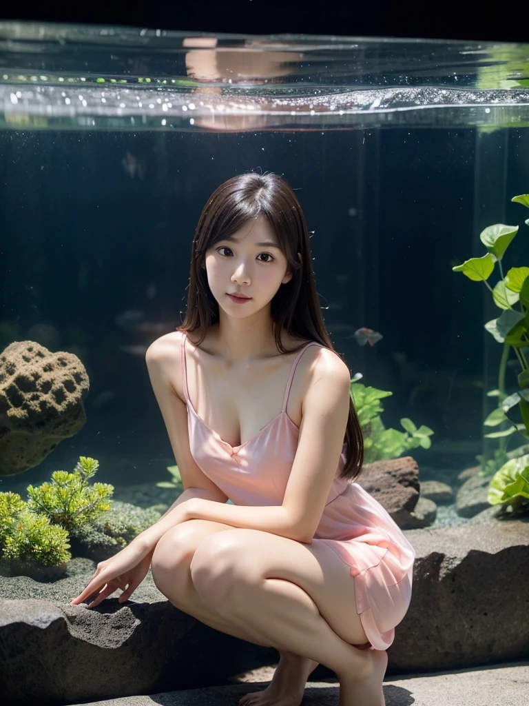 aquarium、Salmon pink sheer dress、(Highest quality)、((Very detailed))、4K、(8K)、masterpiece、Very detailedな、Highest quality、Super Resolution、1 person、Kind Face、Soft Light、RAW quality、Soft Skin、163cm、30 years old、knees