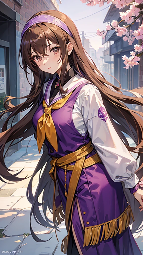 An anime girl in a lavender Clan outfit, with long, loose brown hair and brown eyes and a bandana on her forehead 