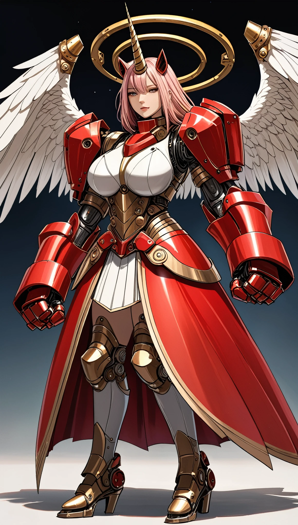unicorn horn,metal spiral sharp corners,in style of Santiago Caruso,
huge mechanical angel wings,mechanical_halo,1 girl,mechanical wrist,mechanical skirt with pleated skirt,(huge makeover mechanical fists:1.5),
the fist flashed red,(bold,smooth,elegant,curvaceoous,precise:1.2)