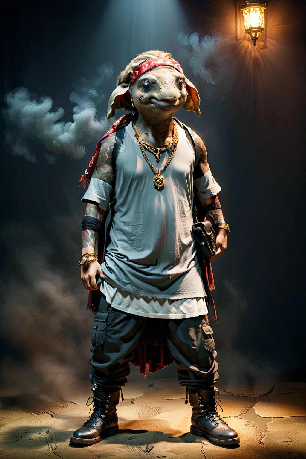 So you can edit it later、Anthropomorphic Z-Elephant Tortoise with Space Above Its Head。
緑色のHIPHOPのファッションでド派手な装飾した独特のポーズをする
The background is darkに怪しげな赤色の煙、A mysterious red light pierces it. The light also shines on the character, making it clearly visible. Create an image with this composition according to the following rules.。
High resolution textures、Texture、Realなディテール、
The background is dark、Mysterious and、There is a good atmosphere、Dramatic lighting and high contrast images、Extremely high resolution to create photo-realistic card game patterns。
The design will be surrounded by a border、80 from the center of the space so that the character is not hidden%Please。
Use indirect lighting and textured backgroundake the central character stand out。
Full body portrait、Dynamic pose。
にかくテクスチャがRealで細かいファッションの服。
Fashionable sneakers、boots、Sandals、hat、Smoke Accessories Necklace、Earrings、ring、bandana car、bike、Tattoos etc.、Choose according to your outfit and mood。
Real、8K
(masterpiece、Highest quality、high detail、超Real:1.2)、
Anthropomorphic animals、Full body portrait
(Photorealistic:1.4), Cinematic lighting, 8K UHD、
Professional Photography、
(詳細な毛皮のTexture:1.3), Expressive eyes、
Designer clothing、Luxury Brands、
(Perfect tailoring:1.2), High Fashion Accessor
Moody atmosphere、Dramatic Shadows、
High contrast lighting、Depth of written boundary、
Film Grain、Color Grading、
(Color Palette:1.3)、(Calm earth colors:1.2)、
(Rich Brown:1.1)、(Deep Gray:1.1)、(subtle gold accents:1.0)、
(warm color:1.1)、(Color harmony:1.2)、
(Soft diffused lighting:1.2)、(Rim lighting:1.1)、
(Volumetric Lighting:1.0), (Ambient Occlusion:1.1)