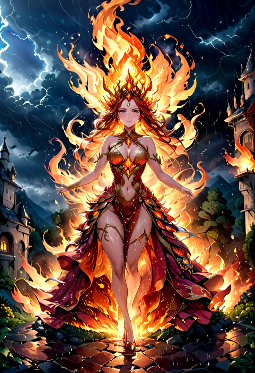 a sorceress of fire making fire dance in a the (storm of rain: 1.3), a most exquisite beautiful sorceress, controlling fire manipulating fire, a woman, dynamic hair color, dynamic hair style, (most beautiful face: 1.3), (ultra detailed face: 1.2), wet hair, wet face, dynamic eyes color, full body shot, wearing dress made of fire, wearing intricate high heels, light make up, dancing in courtyard of a fantasy castle, ((heavy rain drops: 1.1)), clouds in the sky, (anatomically correct: 1.4), (full body shot: 1.1) , vibrant, Ultra-high resolution, High Contrast, (masterpiece:1.5), highest quality, Best aesthetics), best details, best quality, highres, ultra wide angle, 16k, [ultra detailed], masterpiece, best quality, (extremely detailed), firecd_xl, phoenix dress, fireMagicAI