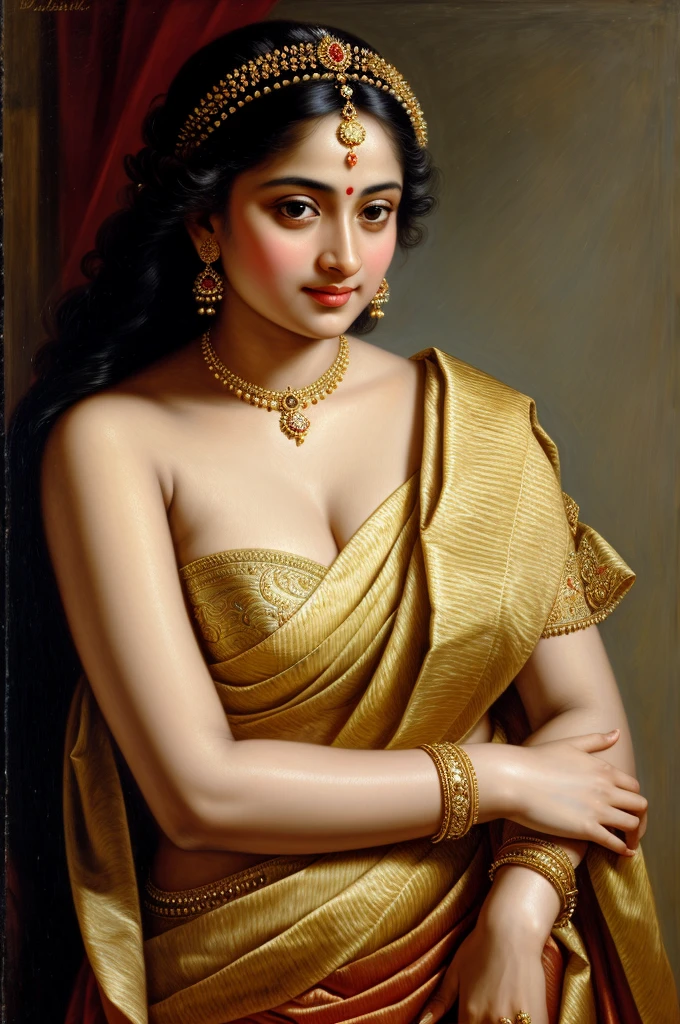 Looks like Jannat Zubair, Beautiful Indian Woman, wearing saree, sari Beauty, gorgeous, Apsara, Maharani, royal queen woman, nymph from Hindu Mythology, Urvashi, matchless beauty, Highly detailed, Oil Painting by Peter Paul Rubens inspired by Raja Ravi Varma, Matchless beauty, captivating, gorgeous, heavenly beauty, celestial beauty, by Peter Paul Rubens, 13, realistic, hyper realistic, micro details, incredible artwork, insane details, ultra High resolution, 8k, 32k, acrylic on canvas, intricate, flawless, detailed, detailed face, detailed eyes, masterpiece, by Peter Paul Rubens, by Caravaggio, by William Adolphe bouguereau, perfect face, perfect body, beautiful art, realism, baroque, renaissance Art, highly textured, beautiful and detailed eyes, uhd, best quality,
