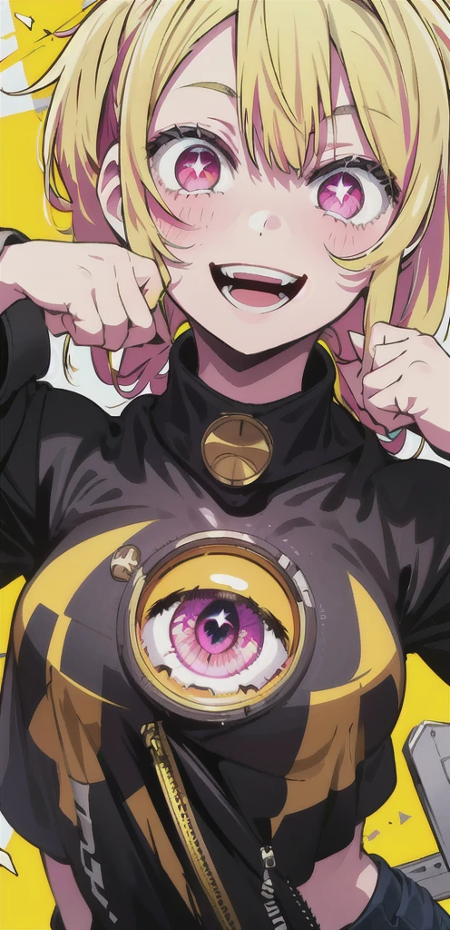 original character , 1girl, (crazy smile:1.2) ,  blonde hair , bangs , crazy eyes , hands on face , yellow blood splatter on face , yellow and black color scheme, open mouth, (wide-eyed:1.2), glowing eyes, left star shaped eye, star shaped eye,  pink eyes, pink eyes