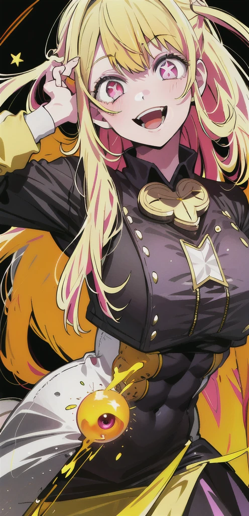 original character , 1girl, (crazy smile:1.2) , blonde hair , bangs , crazy eyes , hands on face , yellow blood splatter on face , yellow and black color scheme, open mouth, (wide-eyed:1.2), glowing eyes, left star shaped eye, star shaped eye, pink eyes, pink eyes