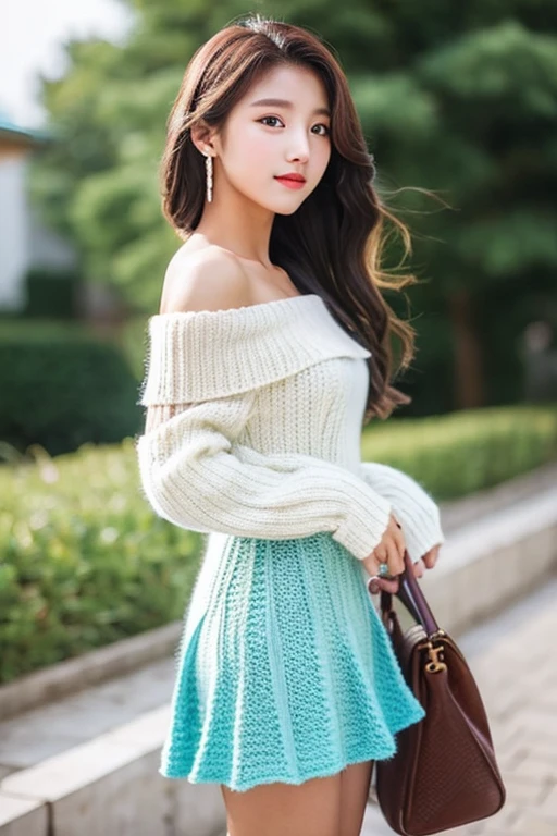 Korean High School Girl、Knit dress、Off the shoulder