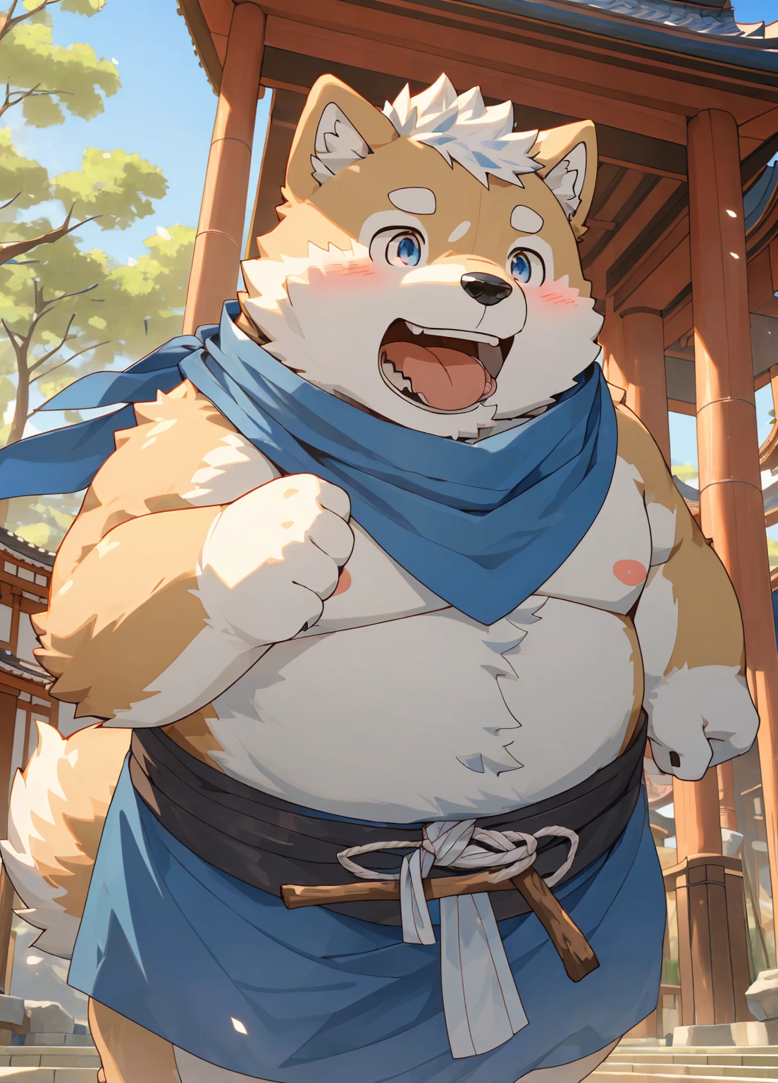 (masterpiece),(Very detailed),(best quality),hairy,Shiba Inu,fur,white hair,Gray pupil,(Japan samurai attire),((blue scarf)),((Stick out your tongue and gasp)),(blush:1.1),((Cute expression)),Temple Background,8k,(high quality),(Ultra HD),(Super detailed)