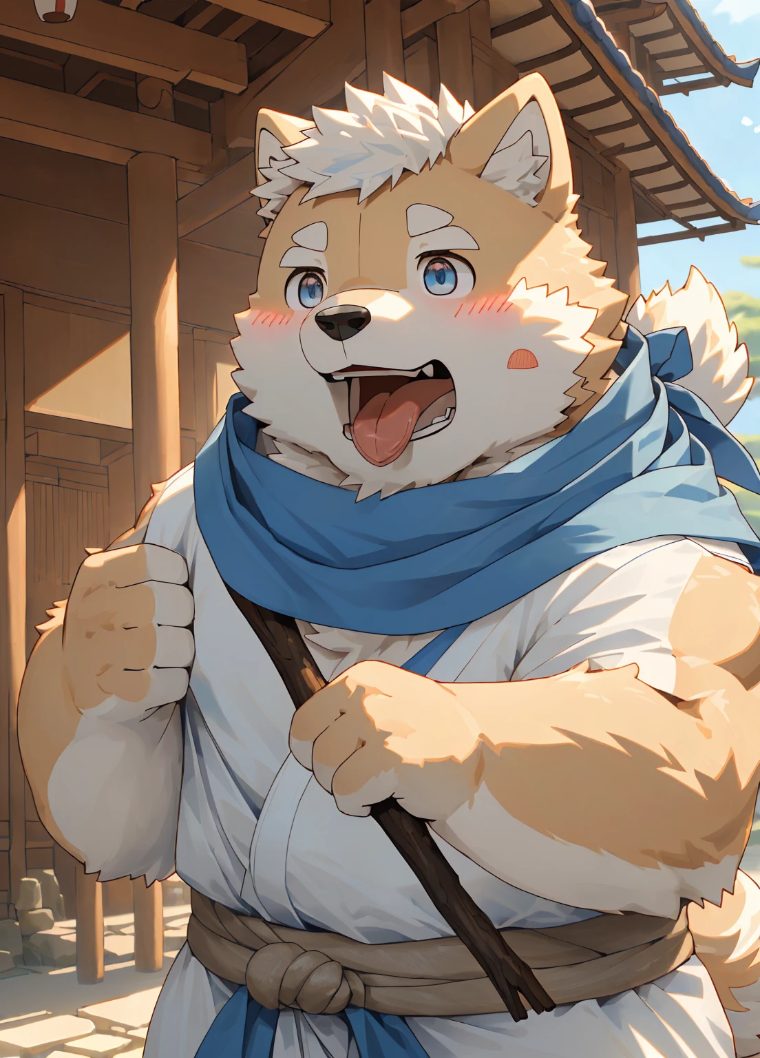 (masterpiece),(Very detailed),(best quality),hairy,Shiba Inu,fur,white hair,Gray pupil,(Japan samurai attire),((blue scarf)),((Stick out your tongue and gasp)),(blush:1.1),((Cute expression)),Temple Background,8k,(high quality),(Ultra HD),(Super detailed)