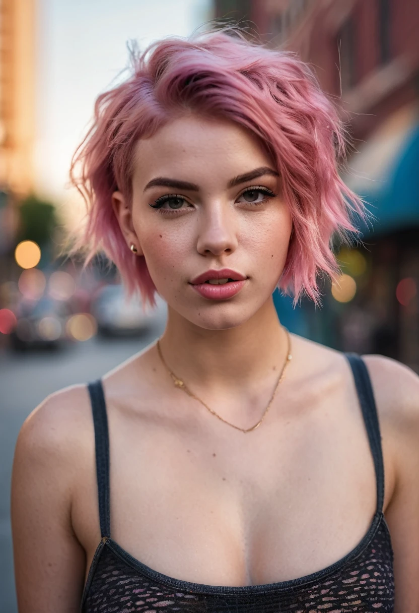 gritty candid raw full-body photo of a young 20-year-old beautiful woman, big lips, full body, high cheekbones, playful, American, busty, short pink hair, realistic skin texture, very tall and athletic, boho-chic, flawed skin, shot with Sony Alpha A6500 1.4f, bokeh, highly detailed, masterpiece